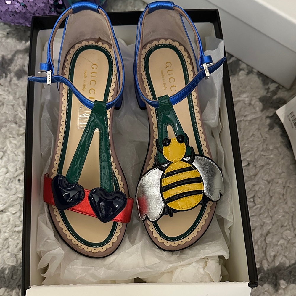 Gucci Blue and Green Sandals with Bee and Heart